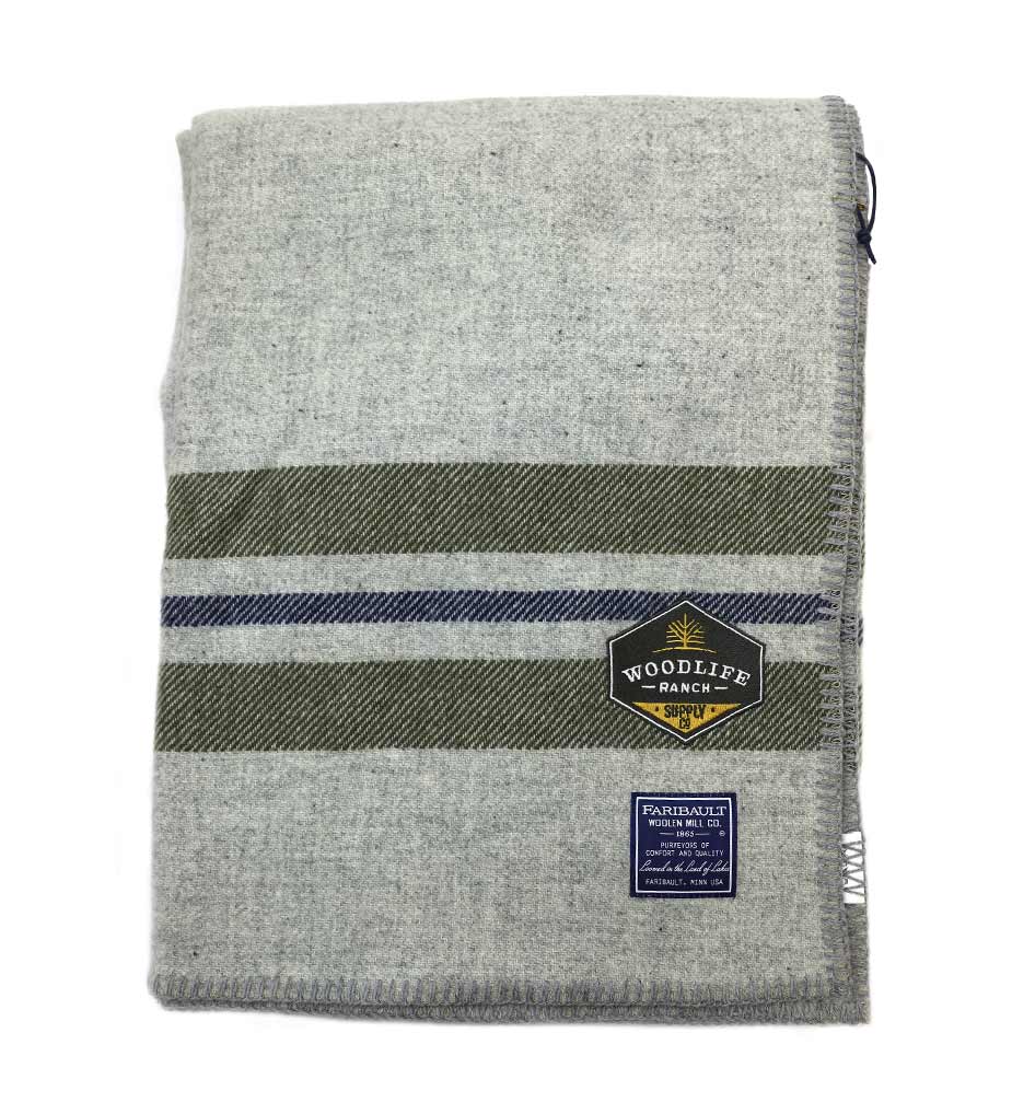 Woodlife Ranch Wool Throw (Gray with Green Stripe)